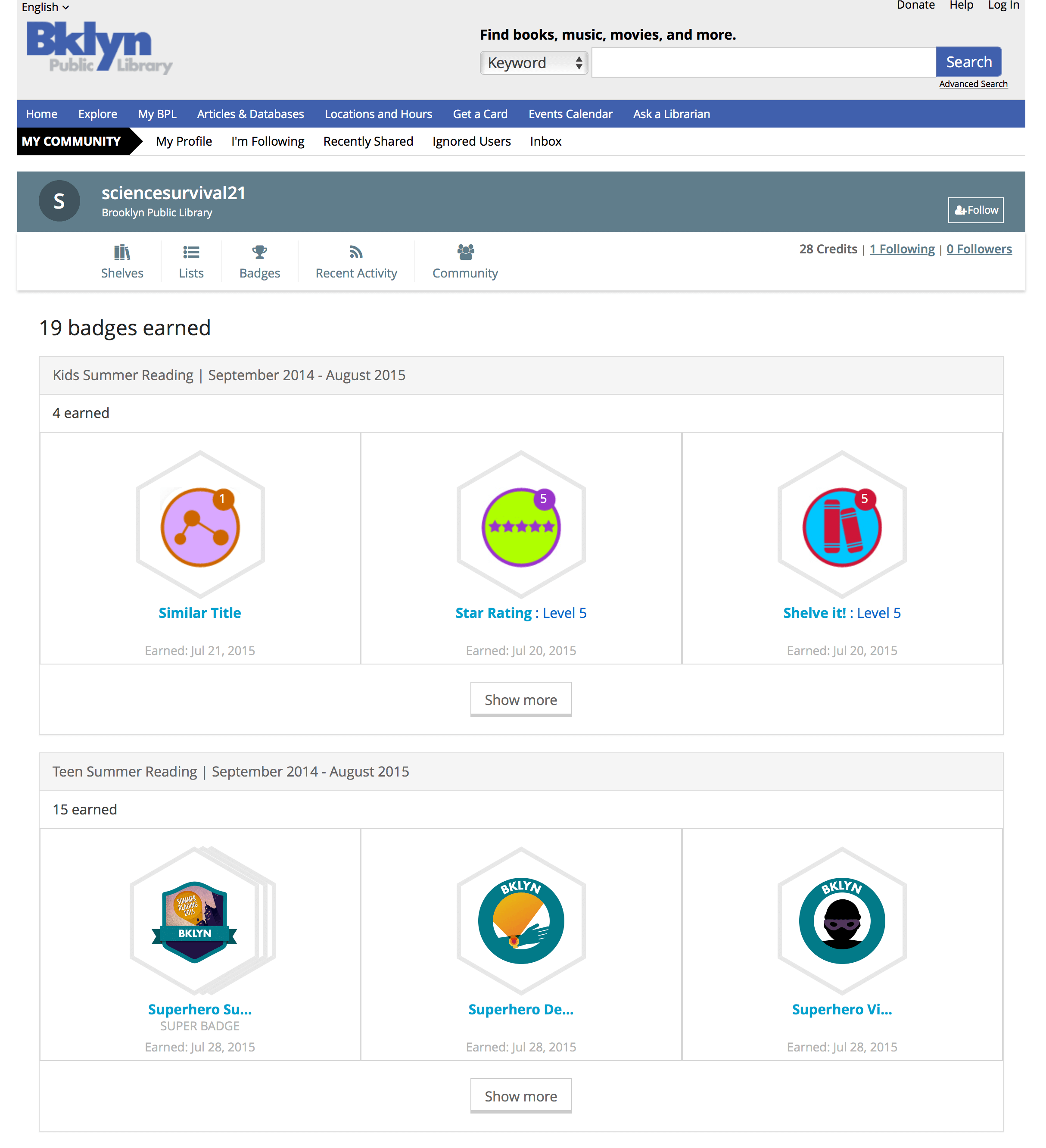 Badges across the user's library life