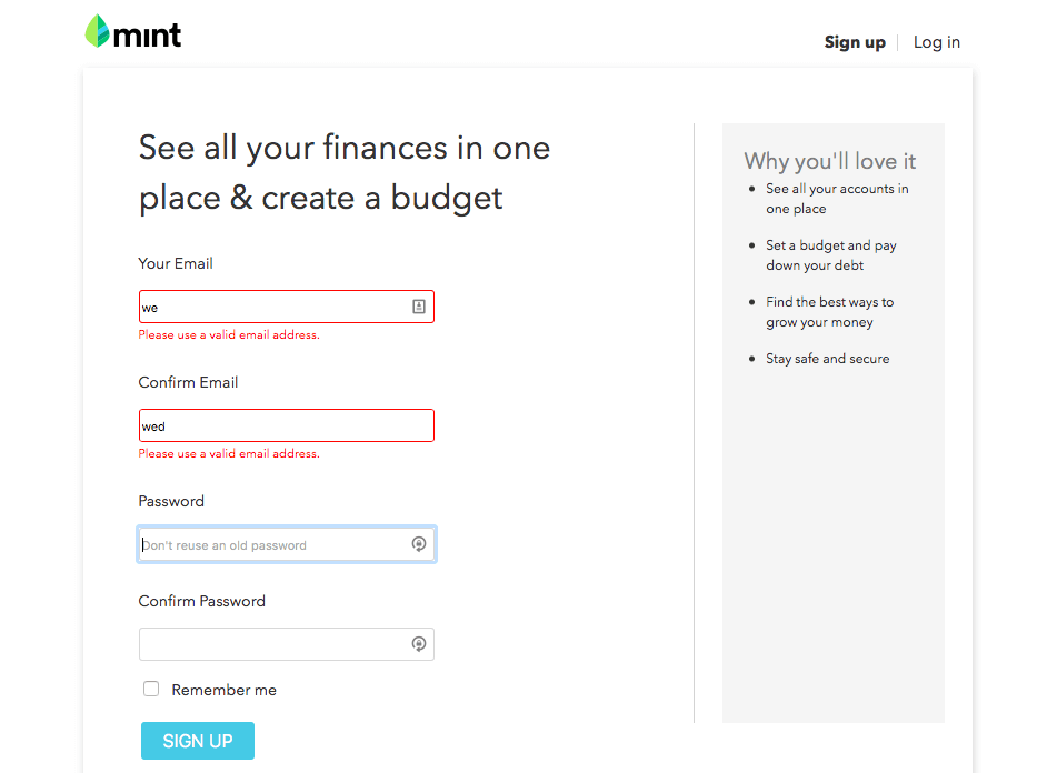 Mint sign-up form with validation